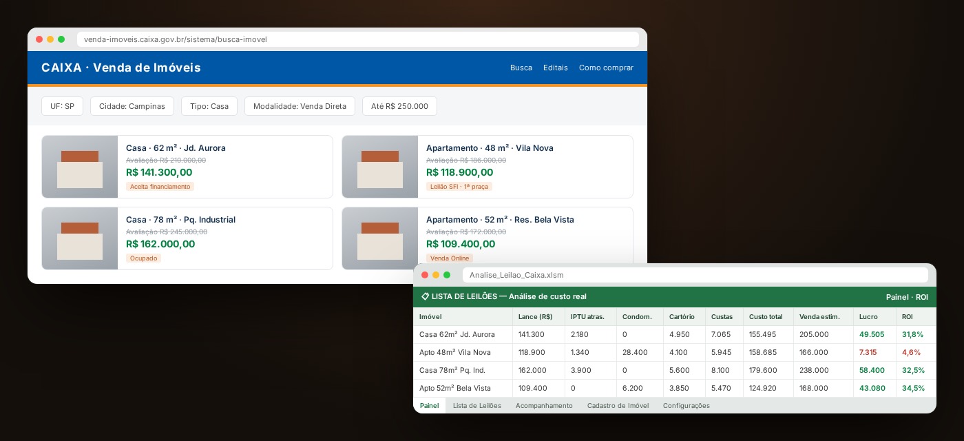 Portal de imóveis da Caixa ao lado da planilha de custo real e lance teto